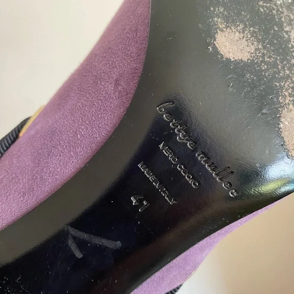 Bettye Muller Lavender Purple Suede Heel Shoes with Black Bow and Ribbon - Picture 8 of 8